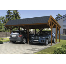 Dvojitý drevený carport s dvoma zaparkovanými autami