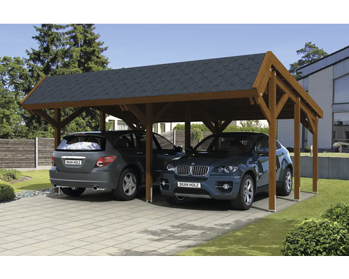 Dvojitý drevený carport s dvoma zaparkovanými autami