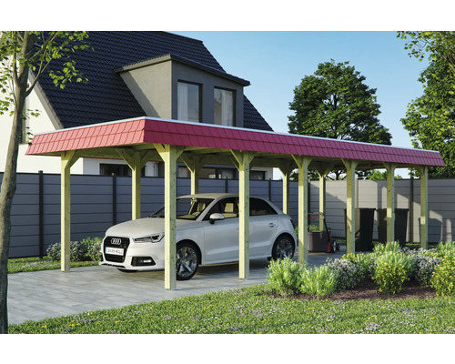 Prístrešok na auto SKAN HOLZ Spreewald, červený kryt vr. kotiev, EPDM membrána, 345 x 893 cm, impregnovaný Drevený prístrešok pre auto s červenou strechou a auto na pozemku