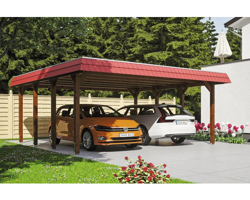 Prístrešok na auto dvojitý SKAN HOLZ Spreewald, červená čelná doska, vrátane kotiev na stĺpiky, EPDM membrána 585 x 589 cm orech Dvojitý drevený prístrešok pre auto s dvoma zaparkovanými autami