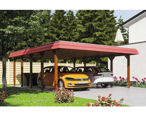 Prístrešok na auto dvojitý SKAN HOLZ Spreewald, červená čelná doska, vrátane kotiev na stĺpiky, 585 x 741 cm, orech Drevený dvojitý prístrešok pre autá s dvoma zaparkovanými autami