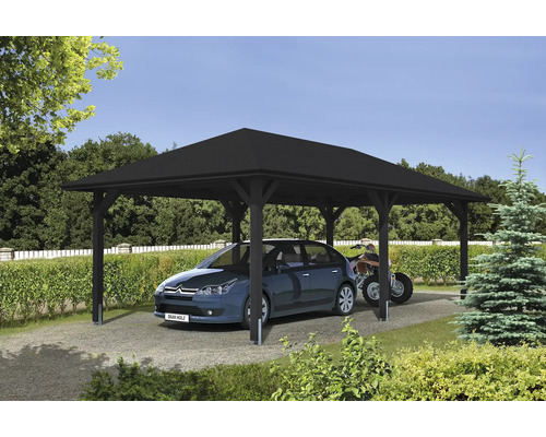 Prístrešok na auto SKAN HOLZ Taunus vr. kotiev na stĺpiky, 439 x 786 cm antracit Drevený prístrešok pre auto s autom a štvorkolkou