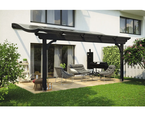 Zastrešenie terasy SKAN HOLZ Verona 541 x 389 cm, lepené lamelové drevo, antracit Terasa so strieškou, sedením a grilom