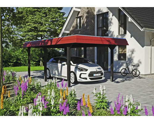 Prístrešok na auto SKAN HOLZ Wendland červené obloženie, vr. stĺpikov kotvy, 362 x 628 cm antracit Drevený prístrešok pre auto s autom pred domom