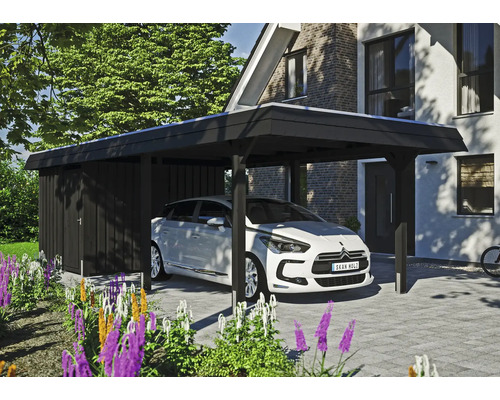 Prístrešok na auto SKAN HOLZ Wendland s čiernym krytom, vr. kotiev, EPDM membrána, úložný priestor, 362 x 870 cm, antracit Prístrešok pre auto s kôlňou na náradie a zaparkovaným autom pred domom