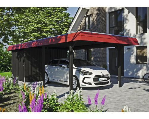 Prístrešok na auto SKAN HOLZ Wendland, červená čelná doska vr. kotiev na stĺpiky, EPDM membrána, úložný priestor, 362 x 870 cm, antracit Prístrešok pre auto s úložným priestorom a zaparkovaným autom pred domom