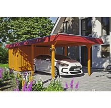 Drevený prístrešok pre auto s kôlňou na náradie a zaparkovaným autom