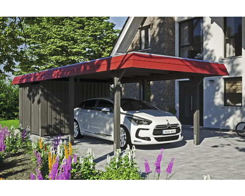 Prístrešok na auto SKAN HOLZ Wendland, červená fasádna doska vr. kotiev na stĺpiky, EPDM membrána, úložný priestor, 362 x 870 cm, bridlica Prístrešok pre auto s kôlňou na náradie a zaparkovaným autom pred domom