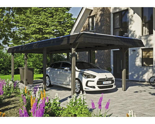 Prístrešok na auto SKAN HOLZ Wendland, čierna čelná doska vr. kotiev na stĺpiky, EPDM membrána, 362 x 870 cm antracit Drevený prístrešok pre auto s autom pred ním