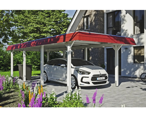 Prístrešok na auto SKAN HOLZ Wendland, červená čelná doska vr. kotiev na stĺpiky, 362 x 870 cm biela Biele auto pod prístreškom pre auto pred domom so záhradou