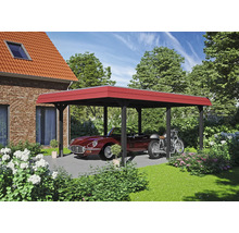 Drevený prístrešok pre auto s autom a motocyklom