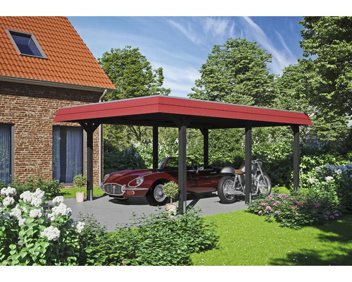 Drevený prístrešok pre auto s autom a motocyklom