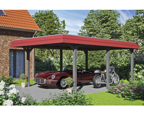Prístrešok na auto SKAN HOLZ Wendland červená clona vr. kotiev, EPDM membrána, 409 x 628 cm bridlica Prístrešok pre auto s autom a motocyklom na pozemku