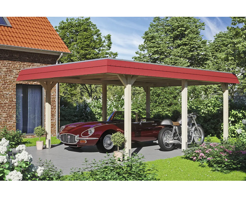 Drevený prístrešok pre auto s automobilom a motocyklom