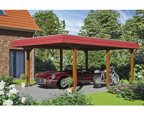 Drevený prístrešok pre auto s automobilom a motocyklom