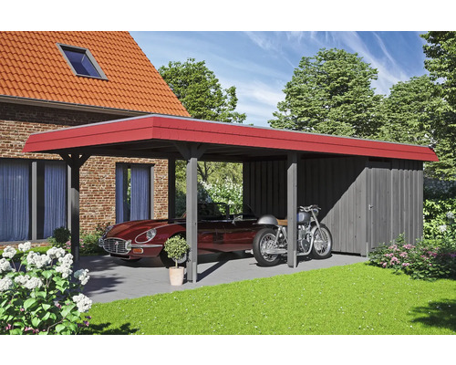 Prístrešok na auto SKAN HOLZ Wendland, červená fasádna doska, vr. kotiev na stĺpiky, EPDM membrána, úložný priestor, 409 x 870 cm bridlice Prístrešok pre auto s kôlňou na náradie, auto a motocykel na dvore.
