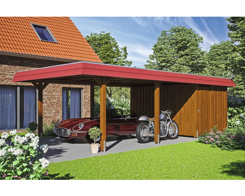 Prístrešok na auto SKAN HOLZ Wendland červená čelná doska vr. kotiev na stĺpiky, úložný priestor, 409 x 870 cm, orech Prístrešok pre auto s úložným priestorom, auto a motocykel