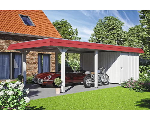 Prístrešok na auto SKAN HOLZ Wendland s červenou fasádnou doskou vr. kotiev na stĺpiky, EPDM membrána, úložný priestor 409 x 870 cm biely Prístrešok pre auto s kôlňou na náradie, v ktorej je auto a motorka.