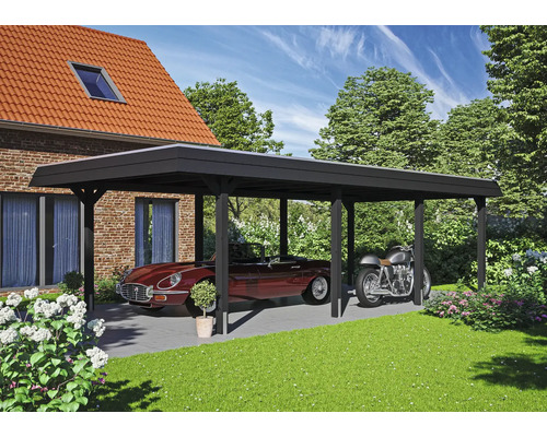 Prístrešok na auto SKAN HOLZ Wendland, čierna fasádna doska vr. kotiev na stĺpiky, EPDM membrána, 409 x 870 cm antracit Drevený prístrešok pre auto s automobilom a motocyklom