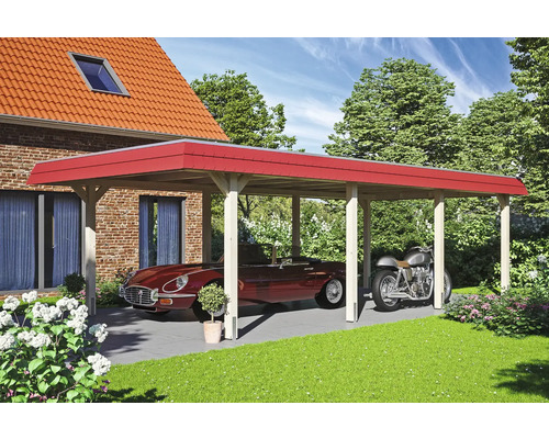 Prístrešok na auto SKAN HOLZ Wendland, červená fasádna doska, vr. kotiev na stĺpiky, 409 x 870 cm prírodná Drevený prístrešok pre auto s autom a motocyklom