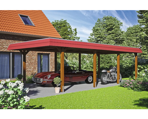 Prístrešok na auto SKAN HOLZ Wendland s červeným obložením vr. kotiev na stĺpiky 409 x 870 cm orech Prístrešok pre auto s červenou strechou, pod ktorým je auto a motocykel