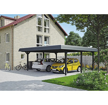 Prístrešok pre auto s dvoma zaparkovanými autami pred domom