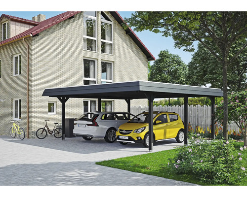 Prístrešok na auto dvojitý SKAN HOLZ Wendland, čierna čelná doska vrátane kotiev na stĺpiky, EPDM membrána, 630 x 637 cm, antracit Prístrešok pre auto s dvoma zaparkovanými autami pred domom