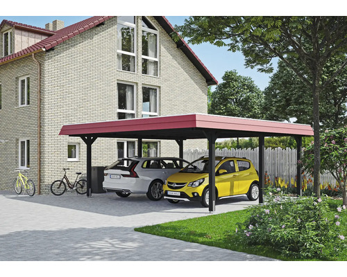 Prístrešok na auto dvojitý SKAN HOLZ Wendland, červená čelná doska vrátane kotiev na stĺpiky, 630 x 637 cm, antracit Drevený prístrešok pre auto s dvoma zaparkovanými autami pred domom