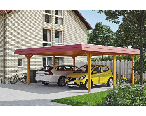 Prístrešok na auto dvojitý SKAN HOLZ Wendland s červenou čelnou doskou vrátane kotiev na stĺpiky 630 x 637 cm svetlý dub Drevený dvojitý prístrešok pre autá s dvoma zaparkovanými autami pred domom