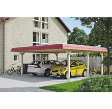 Dvojitý drevený carport s dvoma zaparkovanými autami