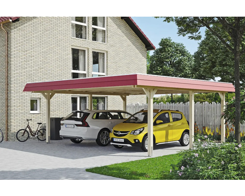 Dvojitý drevený carport s dvoma zaparkovanými autami