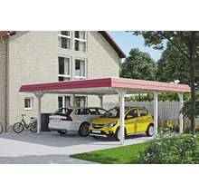 Drevený dvojitý prístrešok pre auto s dvoma zaparkovanými autami
