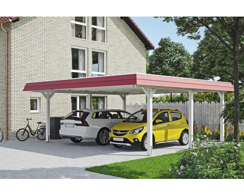Drevený dvojitý prístrešok pre auto s dvoma zaparkovanými autami