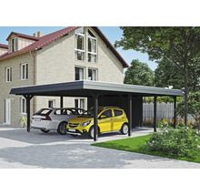 Prístrešok pre auto s dvoma zaparkovanými autami pred domom.
