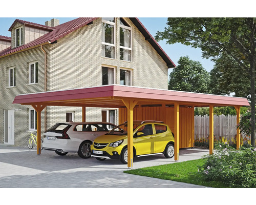 Drevený dvojitý prístrešok pre auto s dvoma zaparkovanými autami pred domom
