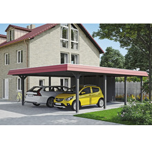 Dvojitý carport s dvoma zaparkovanými autami pred domom