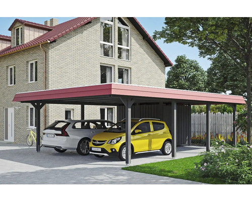 Prístrešok na auto dvojitý SKAN HOLZ Wendland, červená čelná doska, vrátane kotiev na stĺpiky, EPDM membrána, úložný priestor 630 x 879 cm, bridlica Dvojitý carport s dvoma zaparkovanými autami pred domom
