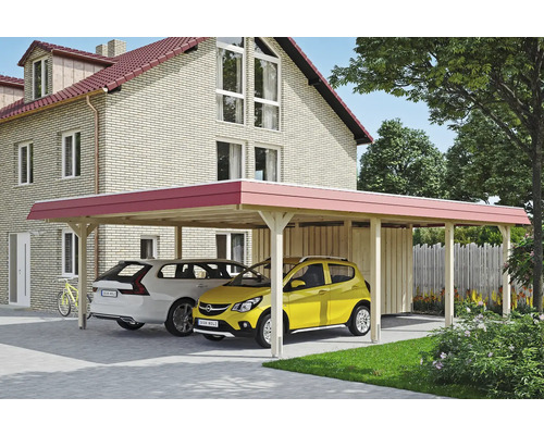 Prístrešok na auto dvojitý SKAN HOLZ Wendland, červená čelná doska, vrátane kotiev na stĺpiky, úložný priestor, 630 x 879 cm, prírodná Drevený dvojitý prístrešok pre auto s dvoma zaparkovanými autami pred domom