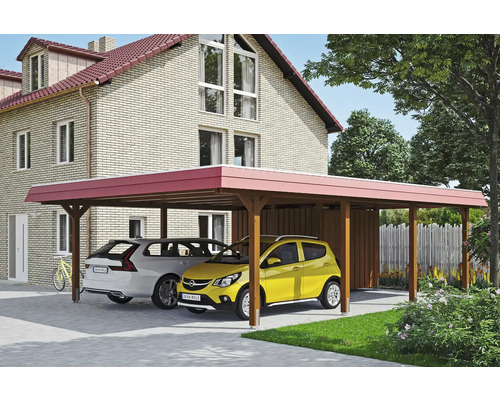 Prístrešok na auto dvojitý SKAN HOLZ Wendland, červená čelná doska, vrátane kotiev na stĺpiky, EPDM membrána, úložný priestor 630 x 879 cm, orech Drevený dvojitý prístrešok pre autá s dvoma parkujúcimi autami pred domom