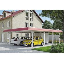 Prístrešok pre auto s dvoma autami pred domom