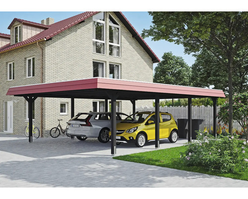 Prístrešok na auto dvojitý SKAN HOLZ Wendland červená čelná doska vrátane kotiev na stĺpiky, 630 x 879 cm, antracit Dvojitý drevený prístrešok pre auto s dvoma zaparkovanými autami pred domom.