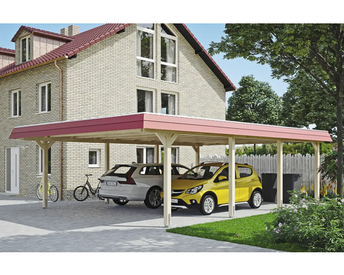 Prístrešok na auto dvojitý SKAN HOLZ Wendland červená fasádna doska vrátane kotiev na stĺpiky, 630 x 879 cm, prírodná Drevený prístrešok pre auto s dvoma zaparkovanými autami pred domom