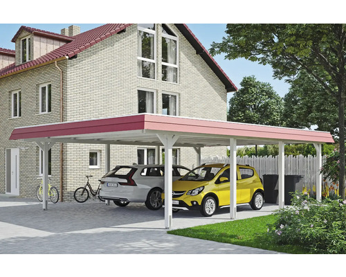 Prístrešok na auto dvojitý SKAN HOLZ Wendland, červená čelná doska vrátane kotiev na stĺpiky, 630 x 879 cm, biely Drevený dvojitý prístrešok pre autá s dvomi parkujúcimi autami pred domom