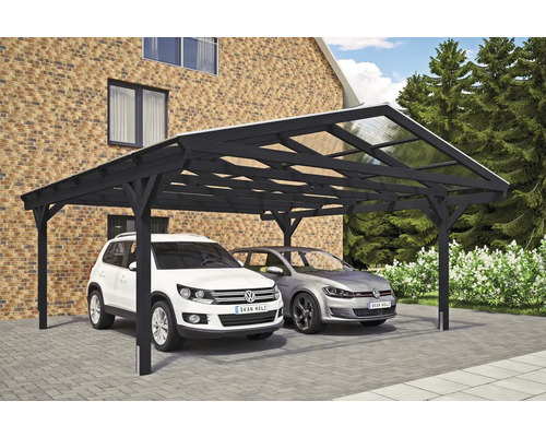 Prístrešok na auto dvojitý SKAN HOLZ Westerwald, vrátane kotiev na stĺpiky, 570 x 648 cm, antracit Dvojitý drevený prístrešok pre autá s dvoma zaparkovanými autami