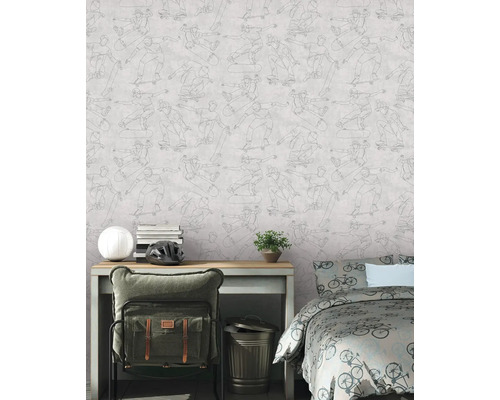 Scéna s izbou pre mládež s tapetou so skateboardom, stolom a posteľnou bielizňou so vzorom bicykla