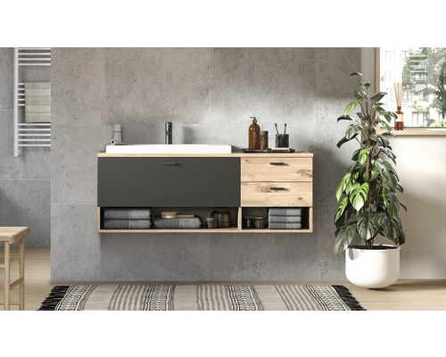 Moderná kúpeľňa s umývadlovou skrinkou, uterákmi a izbovou rastlinou