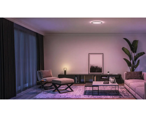 Obývacia izba s pohovkou, kreslom, konferenčným stolíkom, izbovou rastlinou, lampou a stropným svietidlom