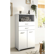 Biela kúpeľňová skrinka s policou, zásuvkami a dvierkami