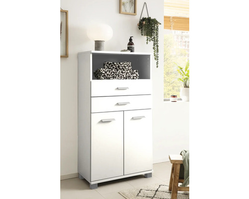 Biela kúpeľňová skrinka s policou, zásuvkami a dvierkami