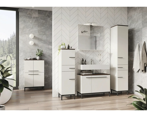 Moderná kúpeľňová súprava s umývadlom, spodnou skrinkou, zrkadlovou skrinkou a vysokou skrinkou v jasnom a priateľskom dizajne.